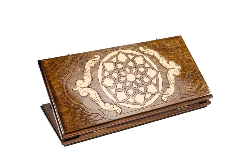 Handcrafted wooden backgammon board with ornamental motif design 23.6 inch