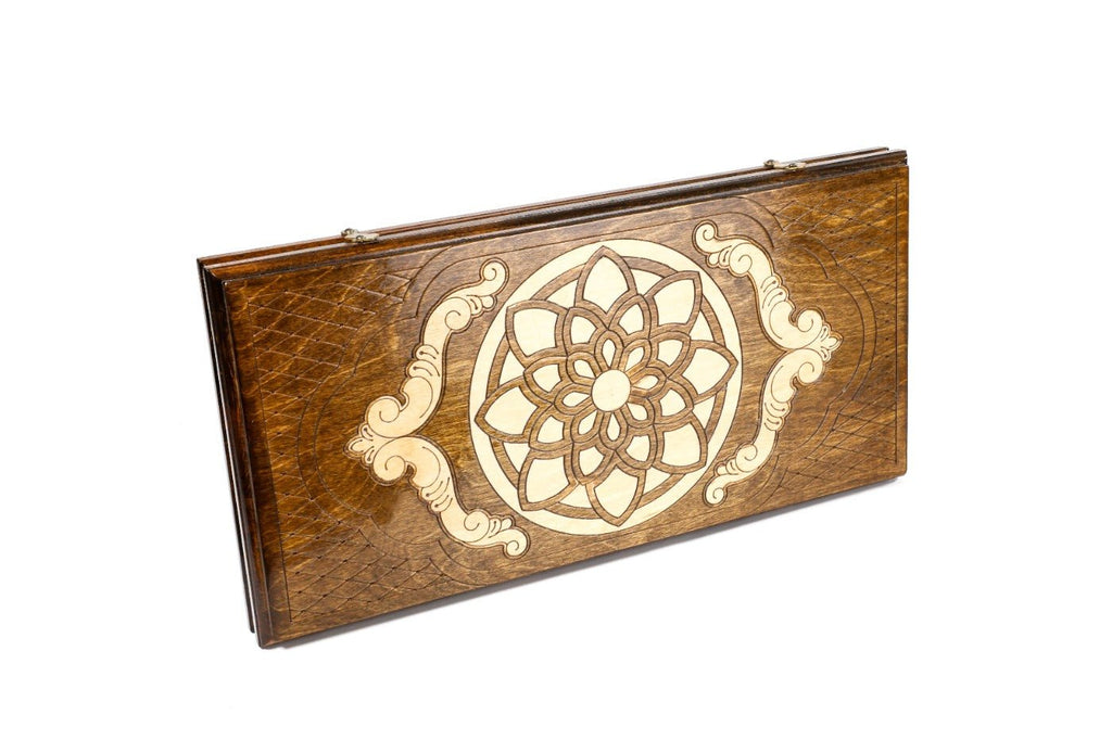 Wooden backgammon board with classic ornamental handcrafted design