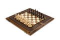 Luxury wooden chess set in solid walnut with ornamental braid pattern and brass accents — by Hrachya Ohanyan