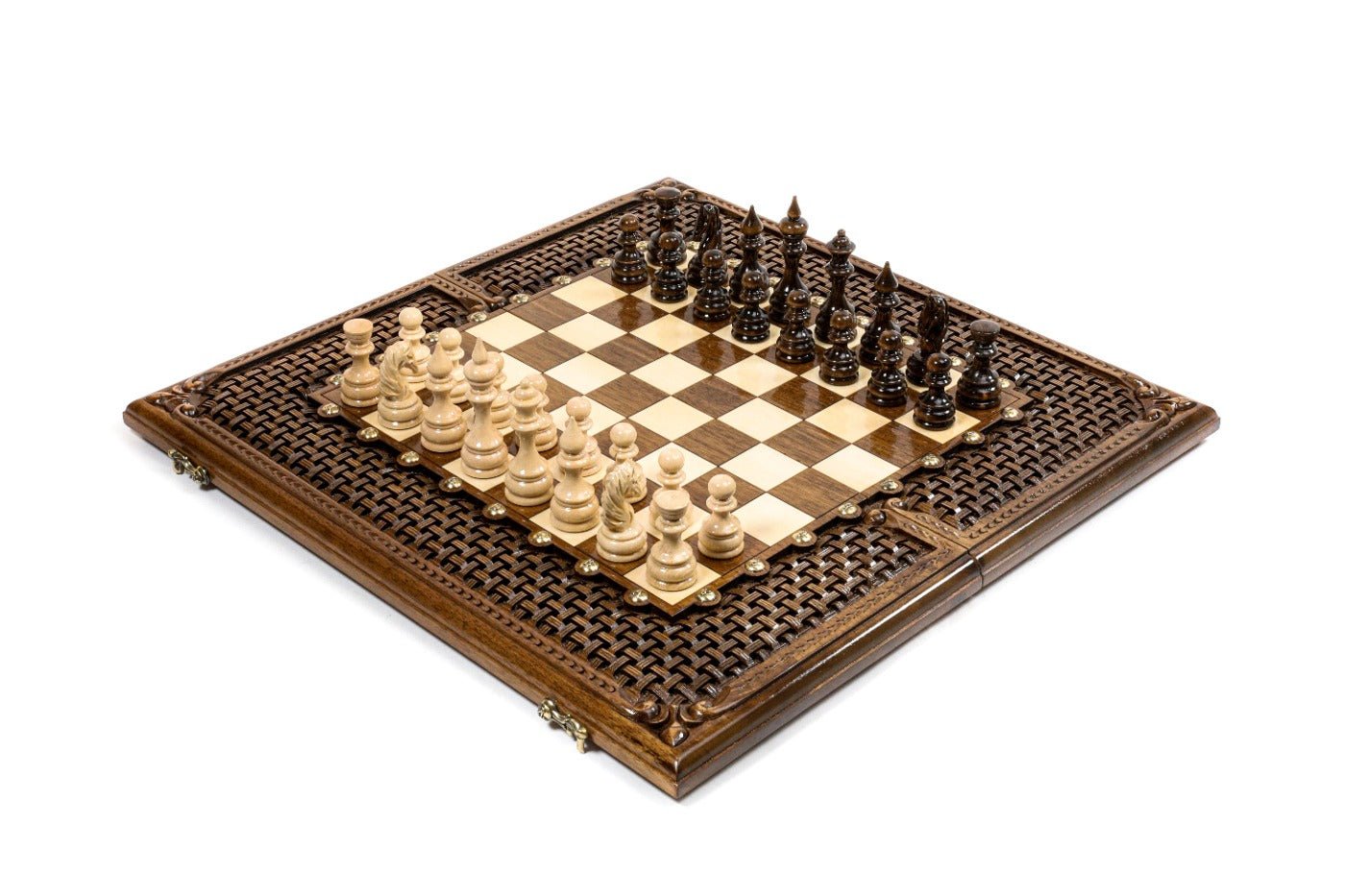 Luxury wooden chess set in solid walnut with ornamental braid pattern and brass accents — by Hrachya Ohanyan