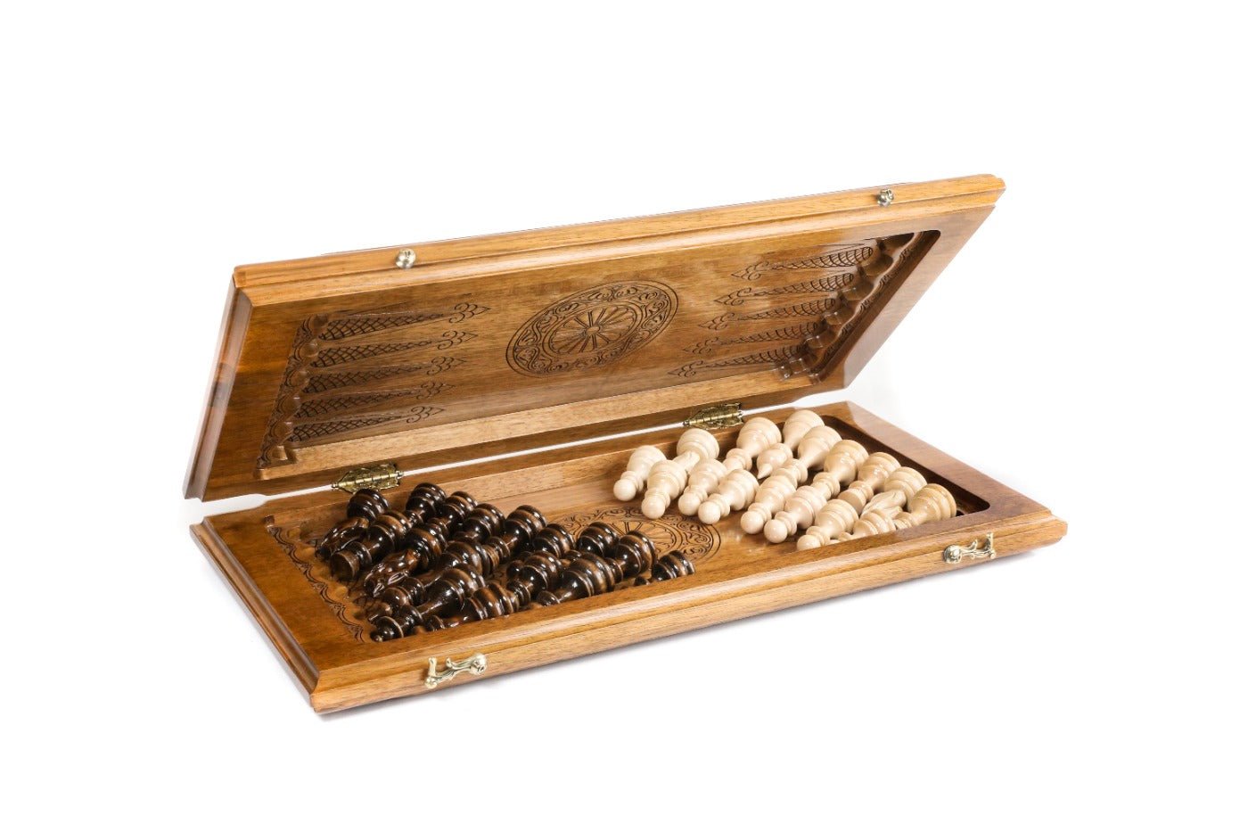 Luxury Carved Chess Set & Backgammon with Ornamental Braid Pattern - Unumperfectus