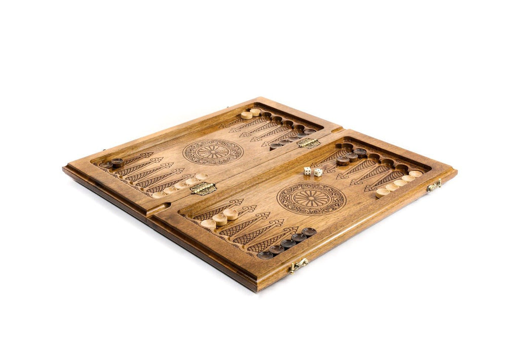 Solid walnut luxury chess and backgammon set with dense hand-carved ornamental braid pattern border