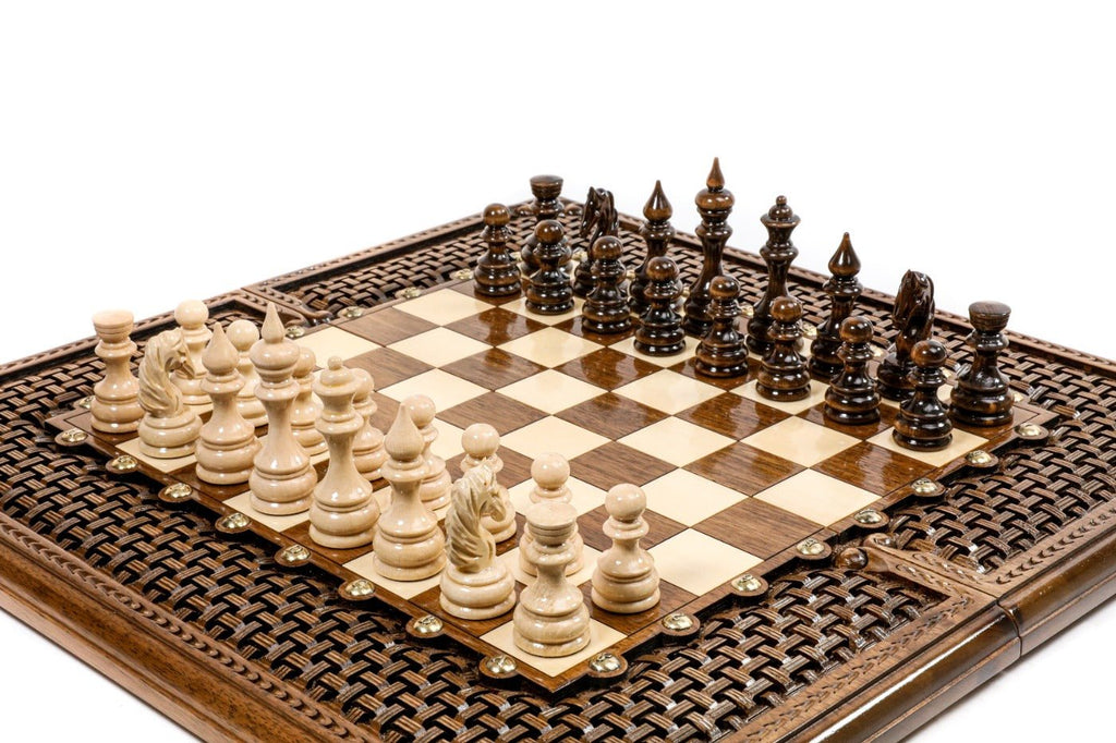 Handcrafted luxury walnut chess board and backgammon set with full-border braid carving and brass studs