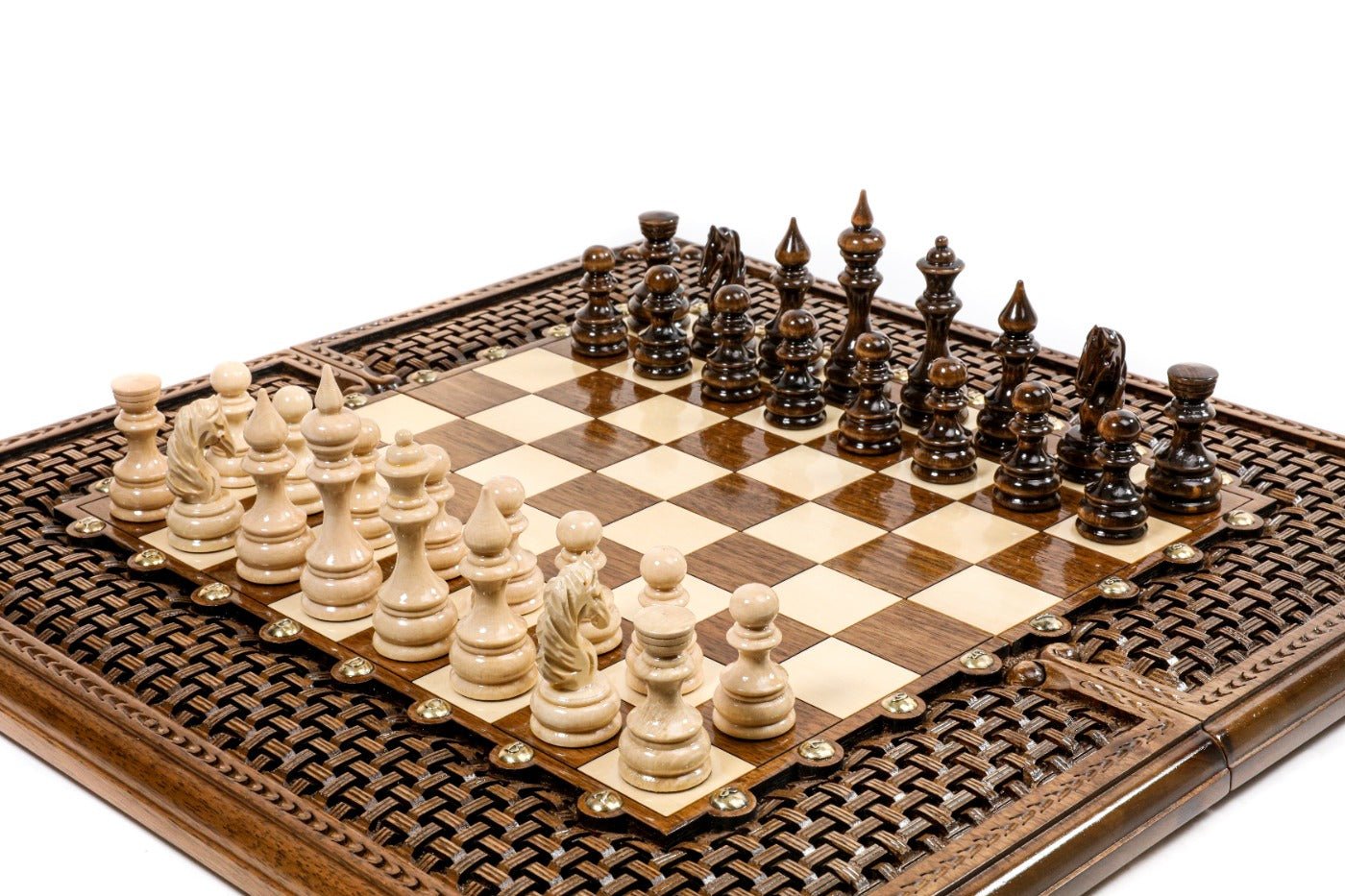 Handcrafted luxury walnut chess board and backgammon set with full-border braid carving and brass studs