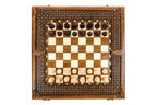 Carved Ornamental Braid Pattern chess and backgammon set - angled view showing the craftsmanship