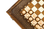 Carved Ornamental Braid Pattern chess and backgammon set - close-up of the playing squares