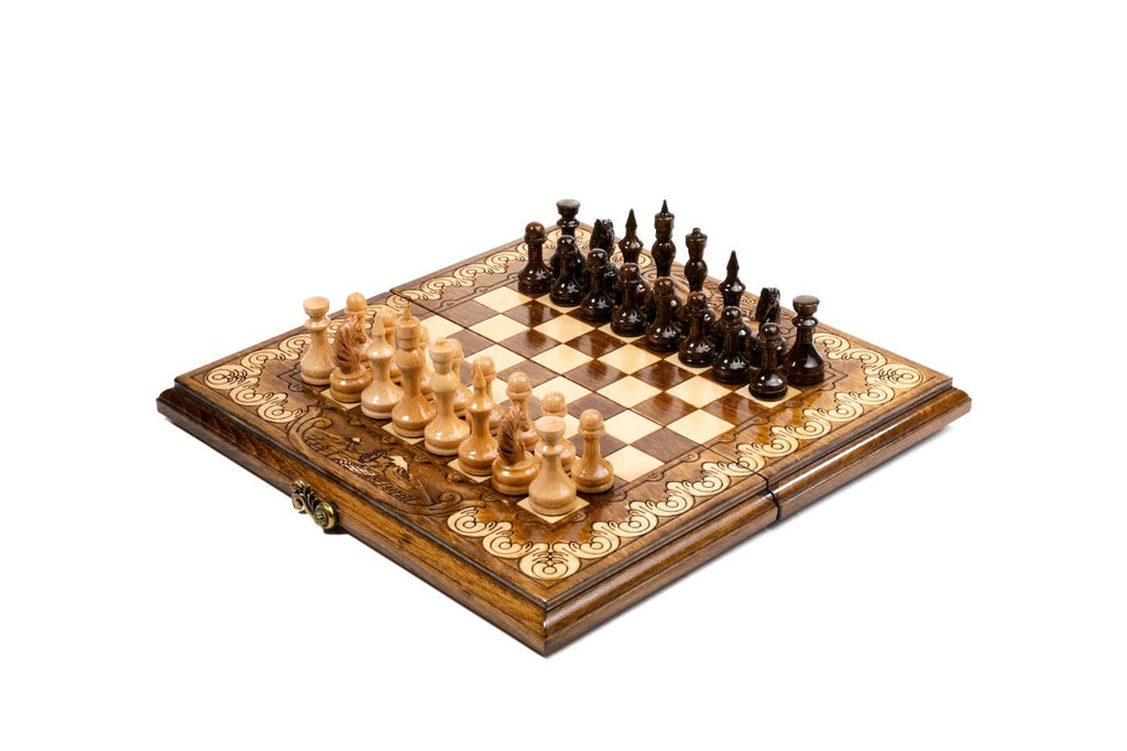 Compact ornamental chess and backgammon set classic carved design 11.8 inch