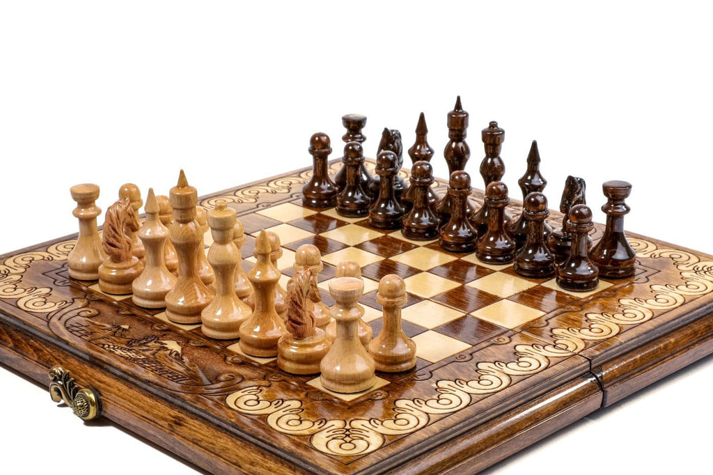 Wooden chess board featuring detailed decorative classic craftsmanship