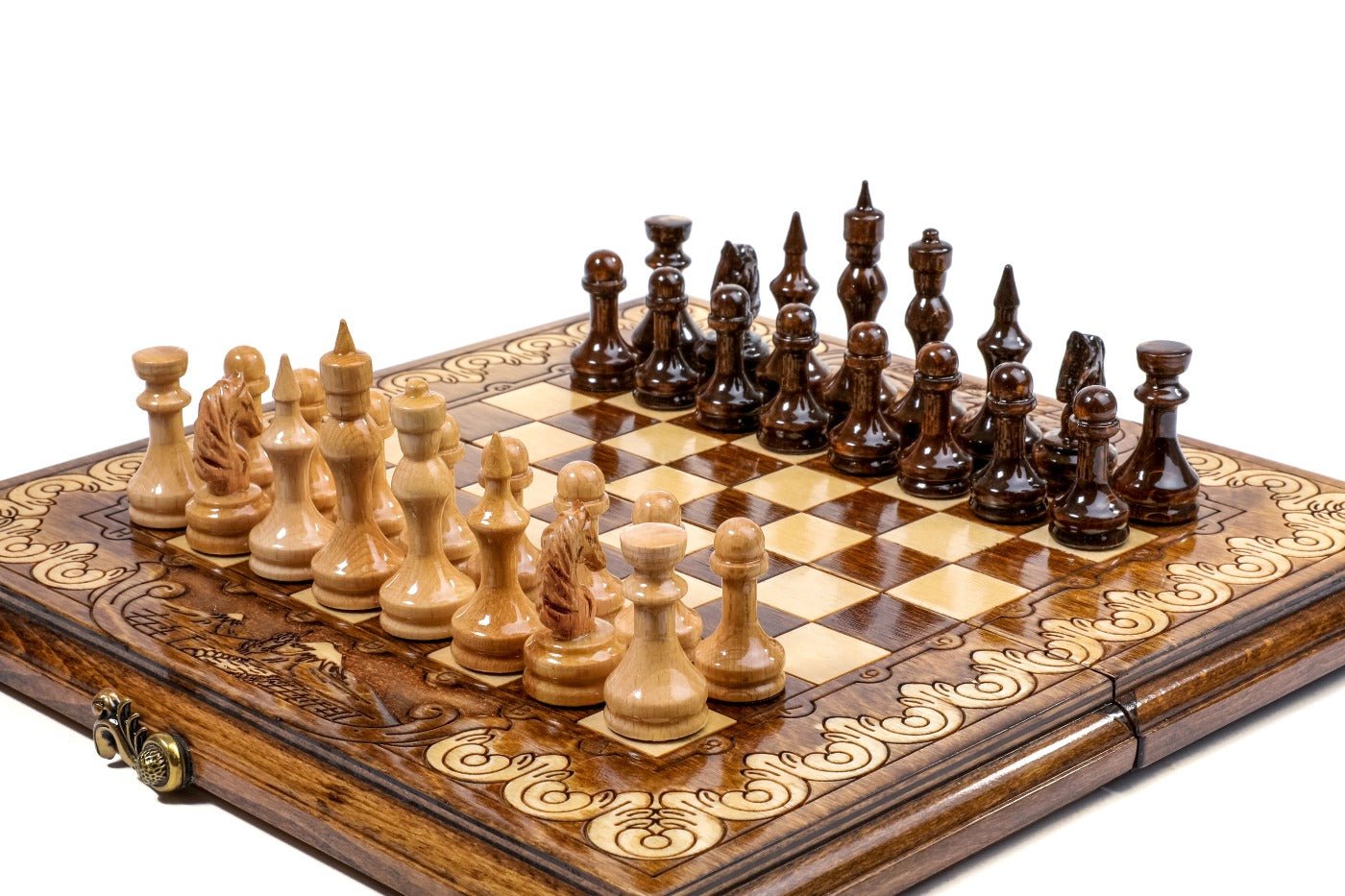 Wooden chess board featuring detailed decorative classic craftsmanship
