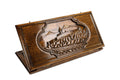 A frontal shot of the closed wooden backgammon board displaying the intricate carving of Khor Virap Monastery