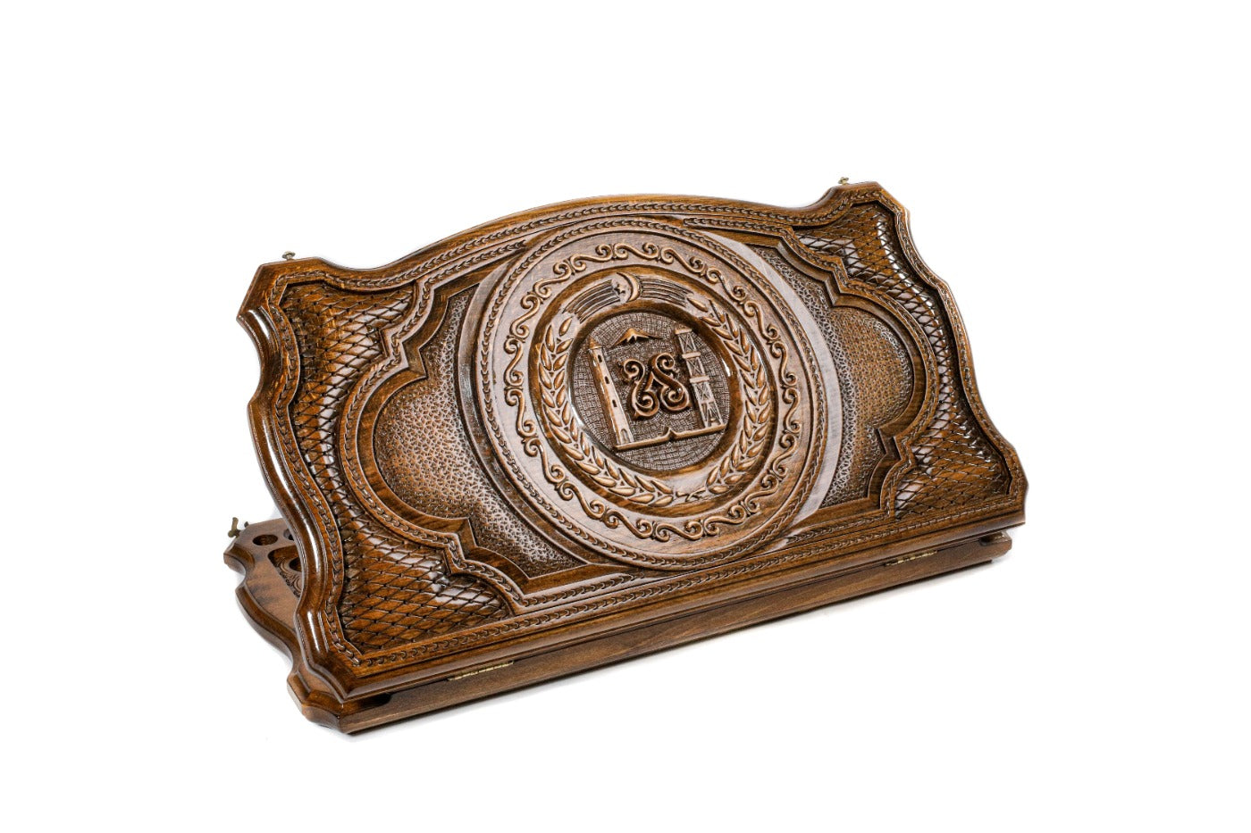 Closed Chechen Republic Coat of Arms backgammon board with copyrighted contour outline.