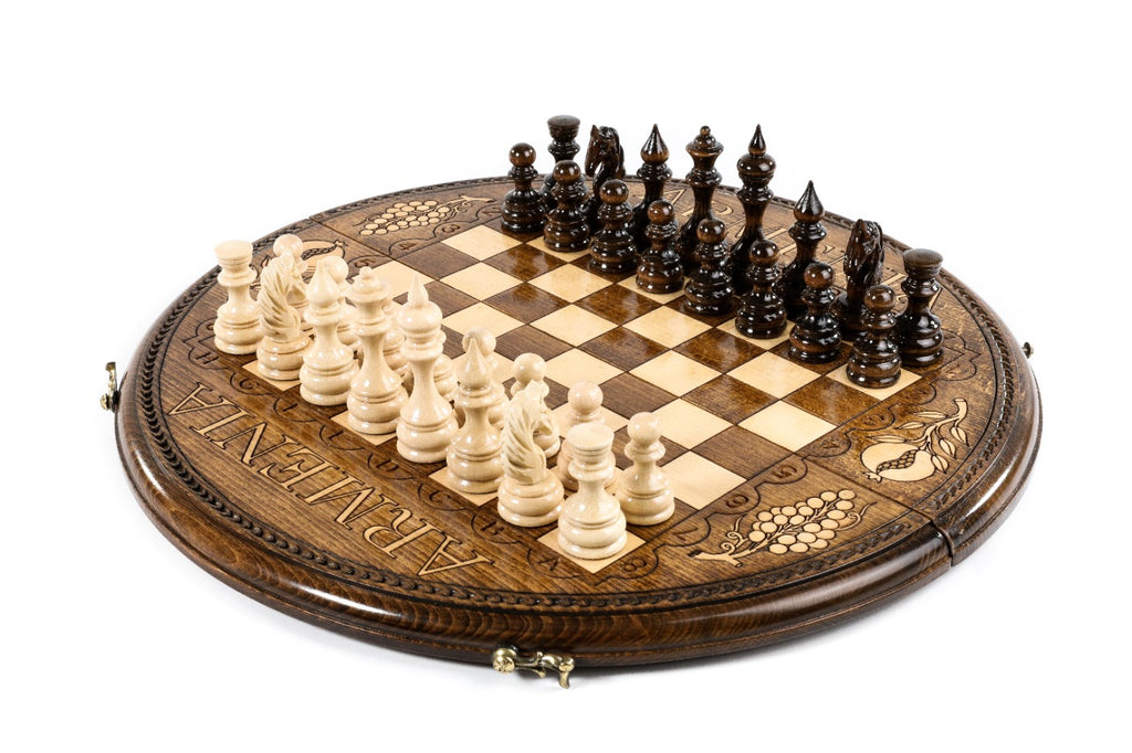 Circular Chess Set with ARMENIA Engraving – Wooden Chess Board - Unumperfectus
