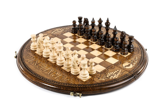Circular Chess Set with ARMENIA Engraving – Wooden Chess Board
