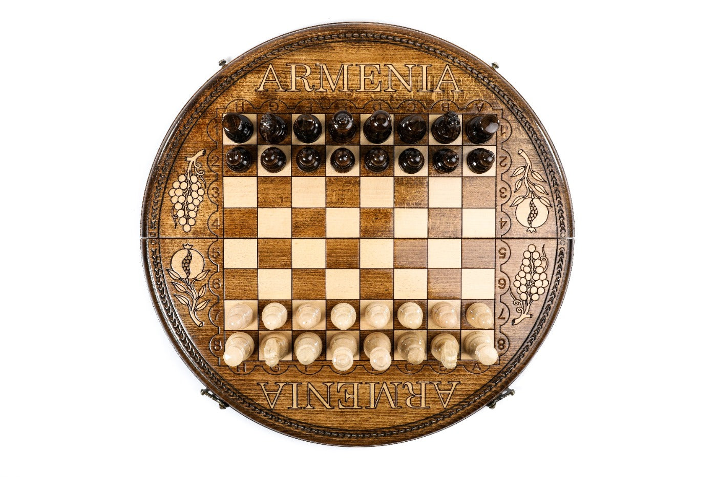 Circular Chess Set with ARMENIA Engraving – Wooden Chess Board - Unumperfectus