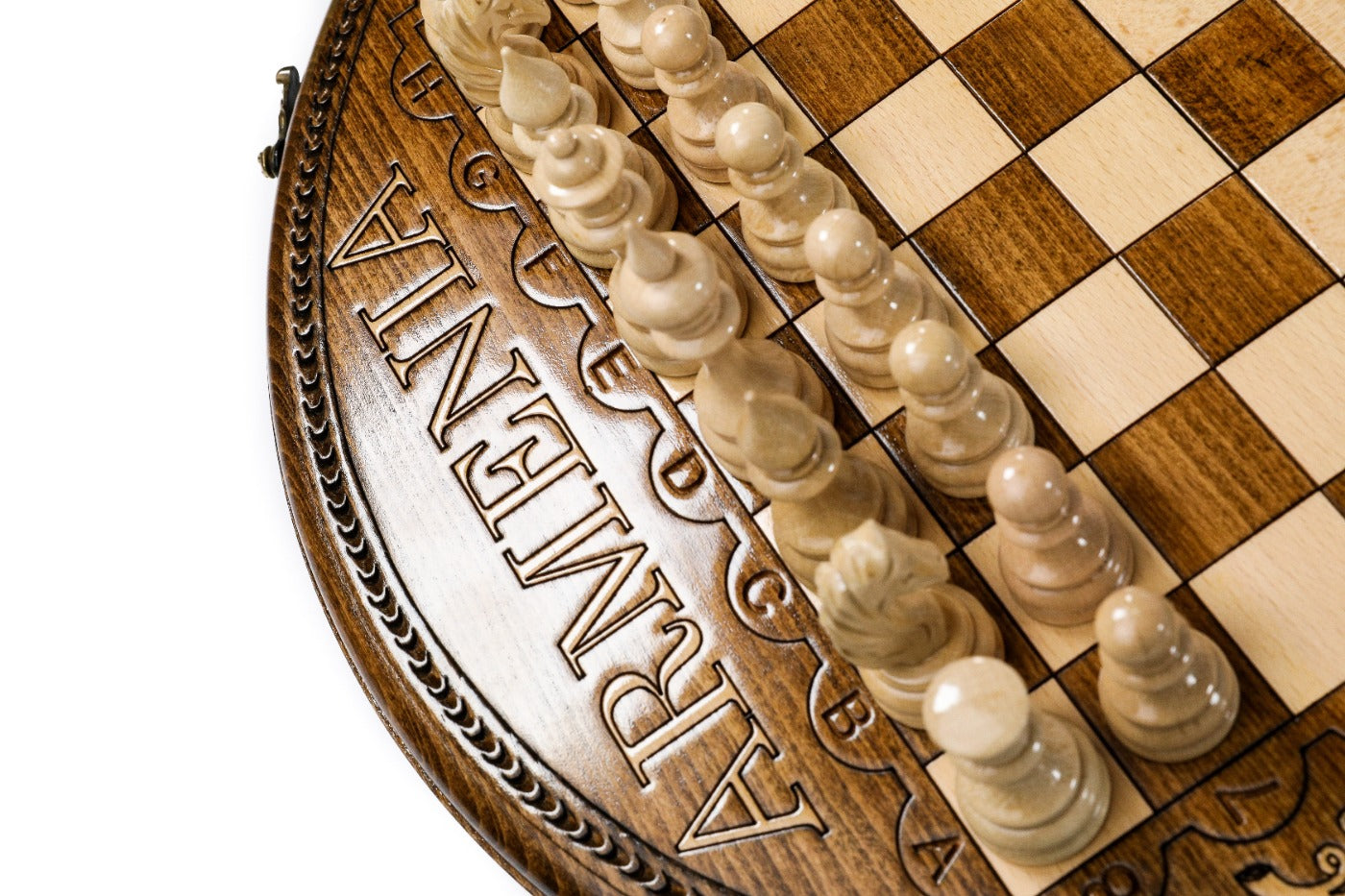 Circular Chess Set with ARMENIA Engraving – Wooden Chess Board - Unumperfectus