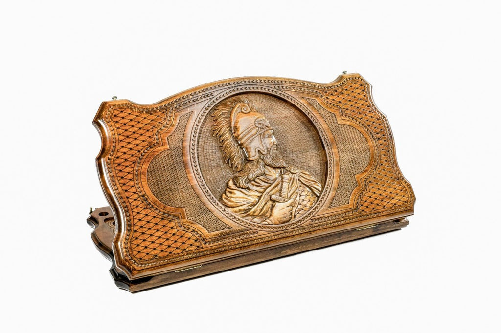 Closed Vardan Mamikonyan backgammon board with heroic carving and contour outline.