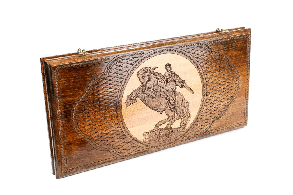 David of Sassoun backgammon set closed, front view of the lattice lid with the pale oval panel