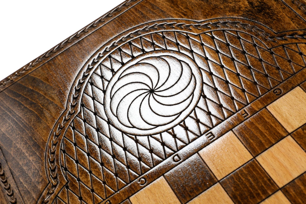 Eternity whirl carved in the lattice cartouche next to the chequerboard on the back cover
