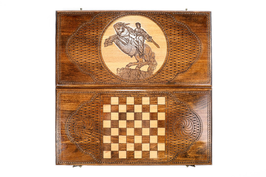 Front cover with David of Sassoun above the back cover with the chequerboard, seen from above