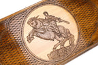 Close-up of David of Sassoun on his rearing horse, sword raised, drawn in line on the pale panel with rope border