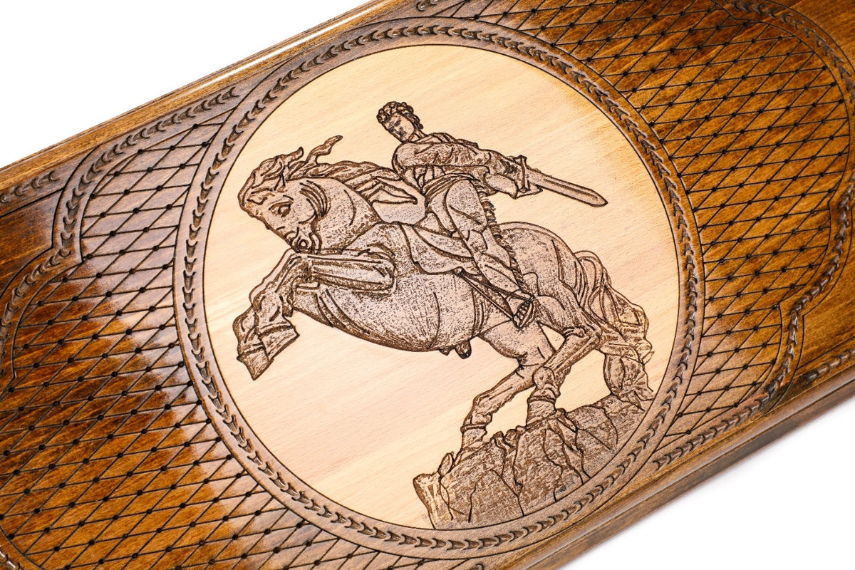 Close-up of David of Sassoun on his rearing horse, sword raised, drawn in line on the pale panel with rope border