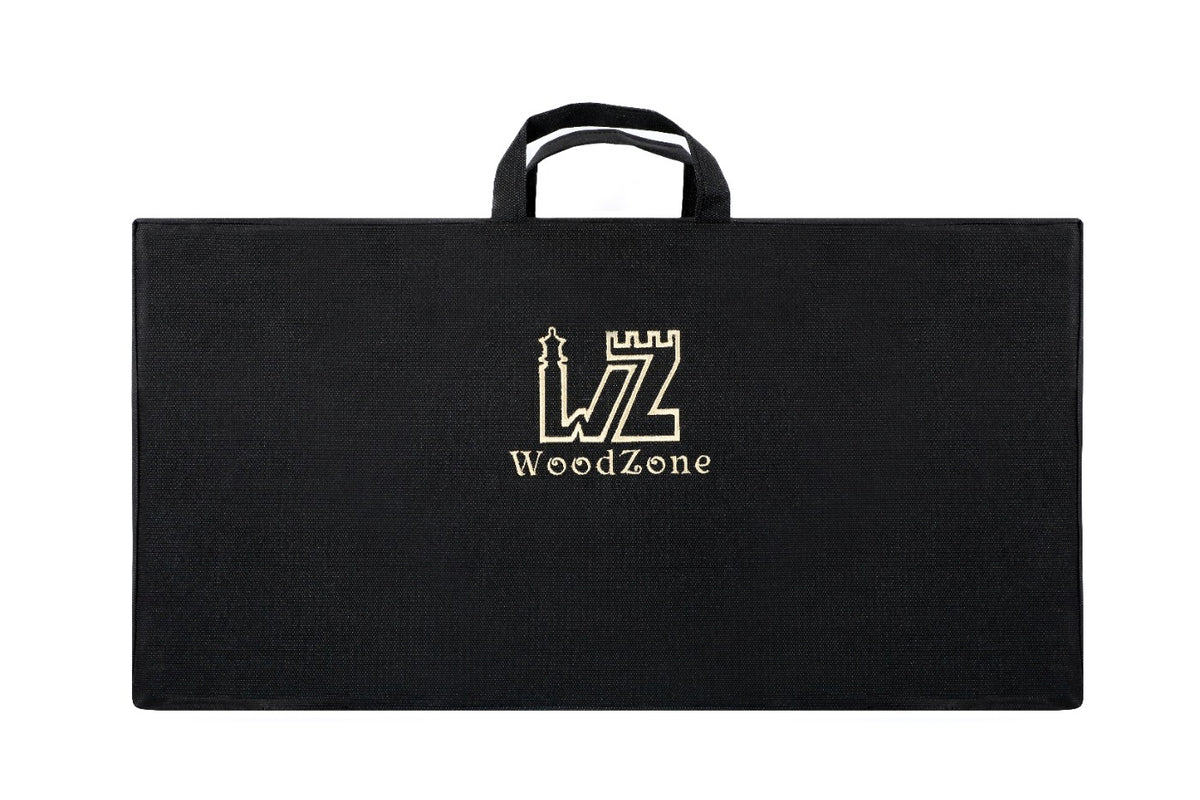 Black carrying bag with handles for the 23.6 inch backgammon set, front view