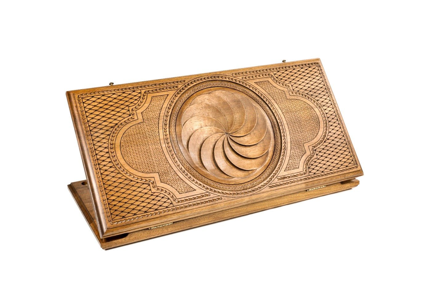 Closed Eternity backgammon board featuring the hand-carved Arevakhach symbol.