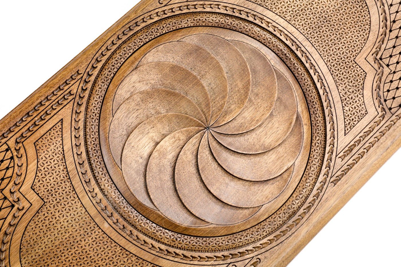 Frontal view of the relief-carved Armenian Eternity sign on solid wood.