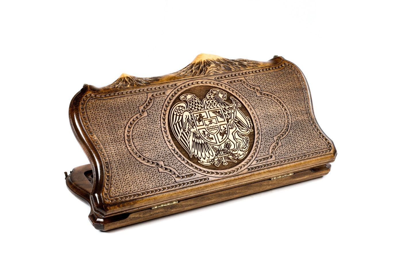 A frontal shot of the closed Coat of Arms backgammon board carved inside the copyrighted Mount Ararat outline.