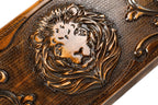 Large wooden backgammon set with carved lion motif detailing