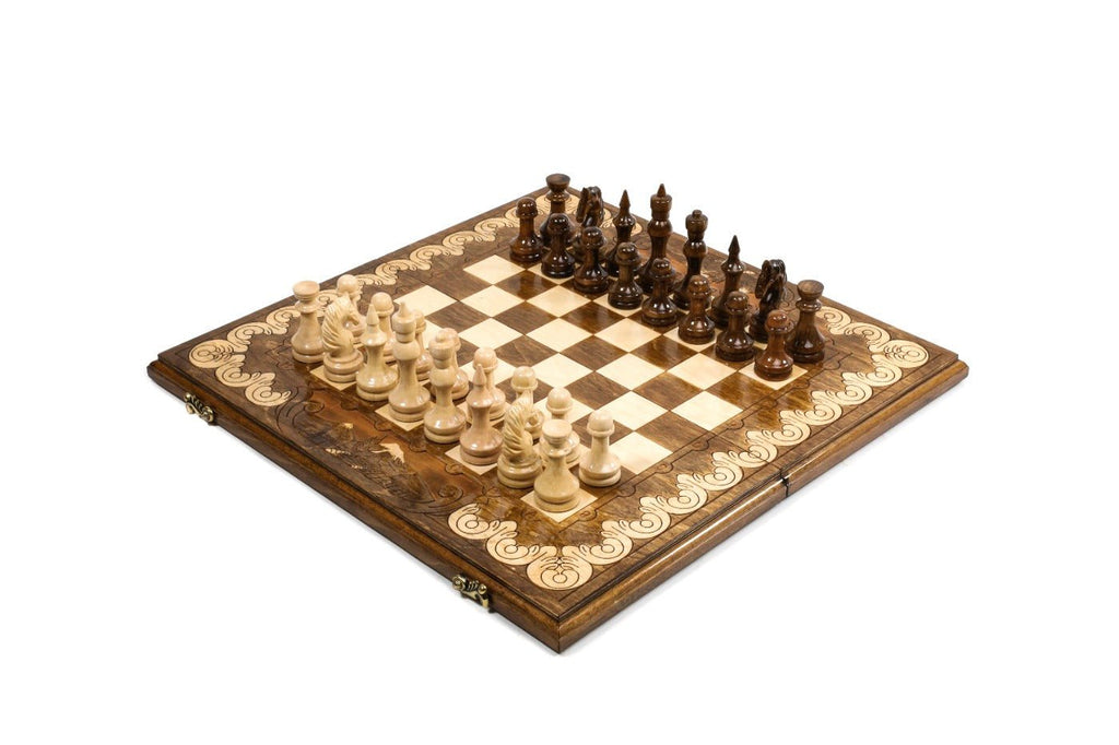 Medium ornamental chess and backgammon set with carved decorative design 19.7 inch