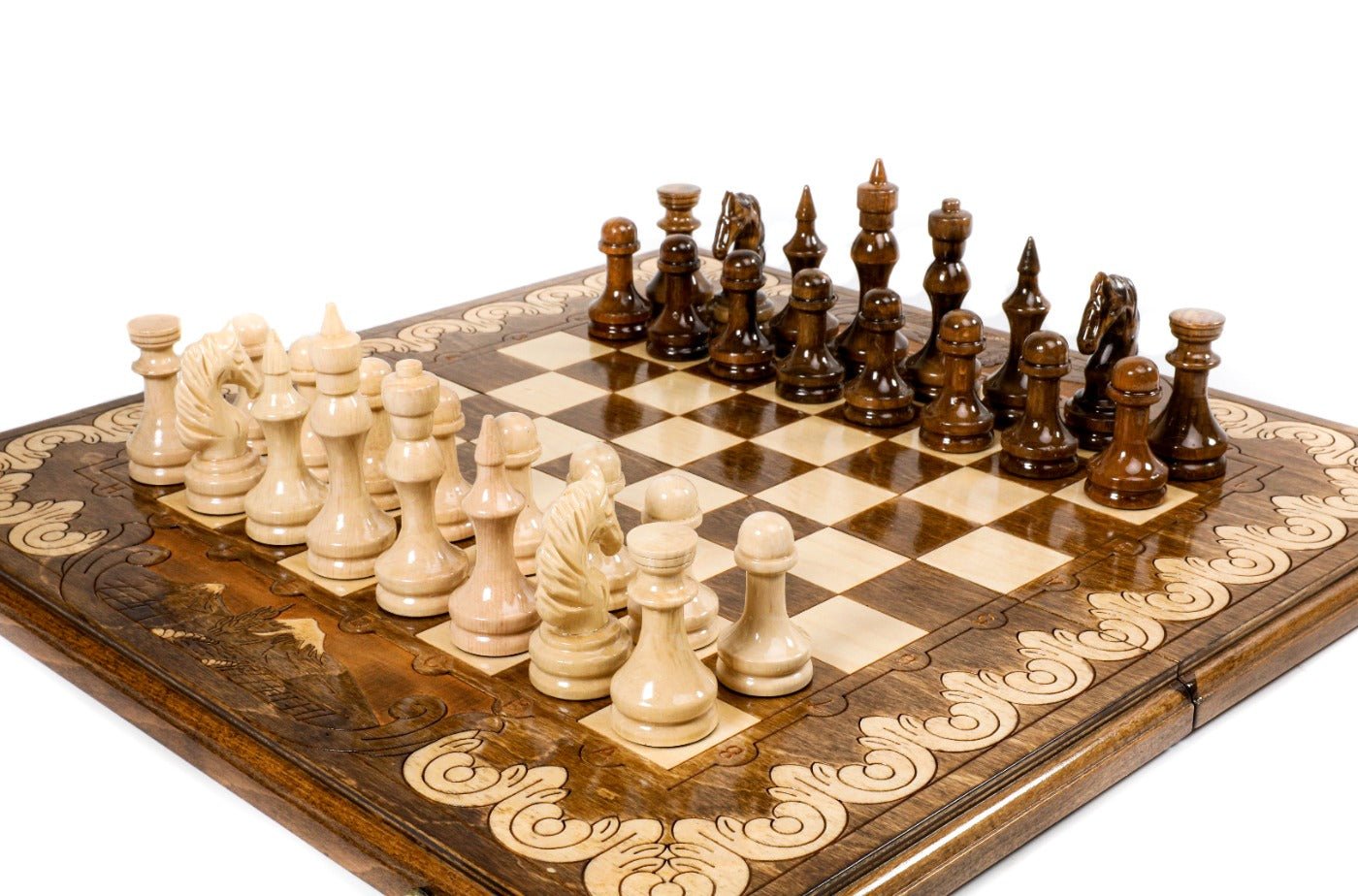 Wooden chess board featuring detailed handcrafted ornamental patterns