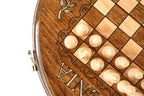 Circular ARMENIA Engraving chess set - angled view showing the craftsmanship