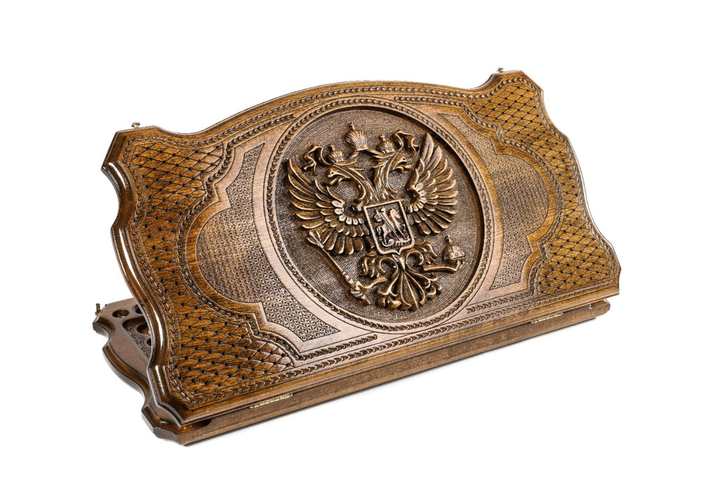 A frontal shot of the closed backgammon board showing the Russian Federation Coat of Arms carved inside the copyrighted Mount Ararat outline.