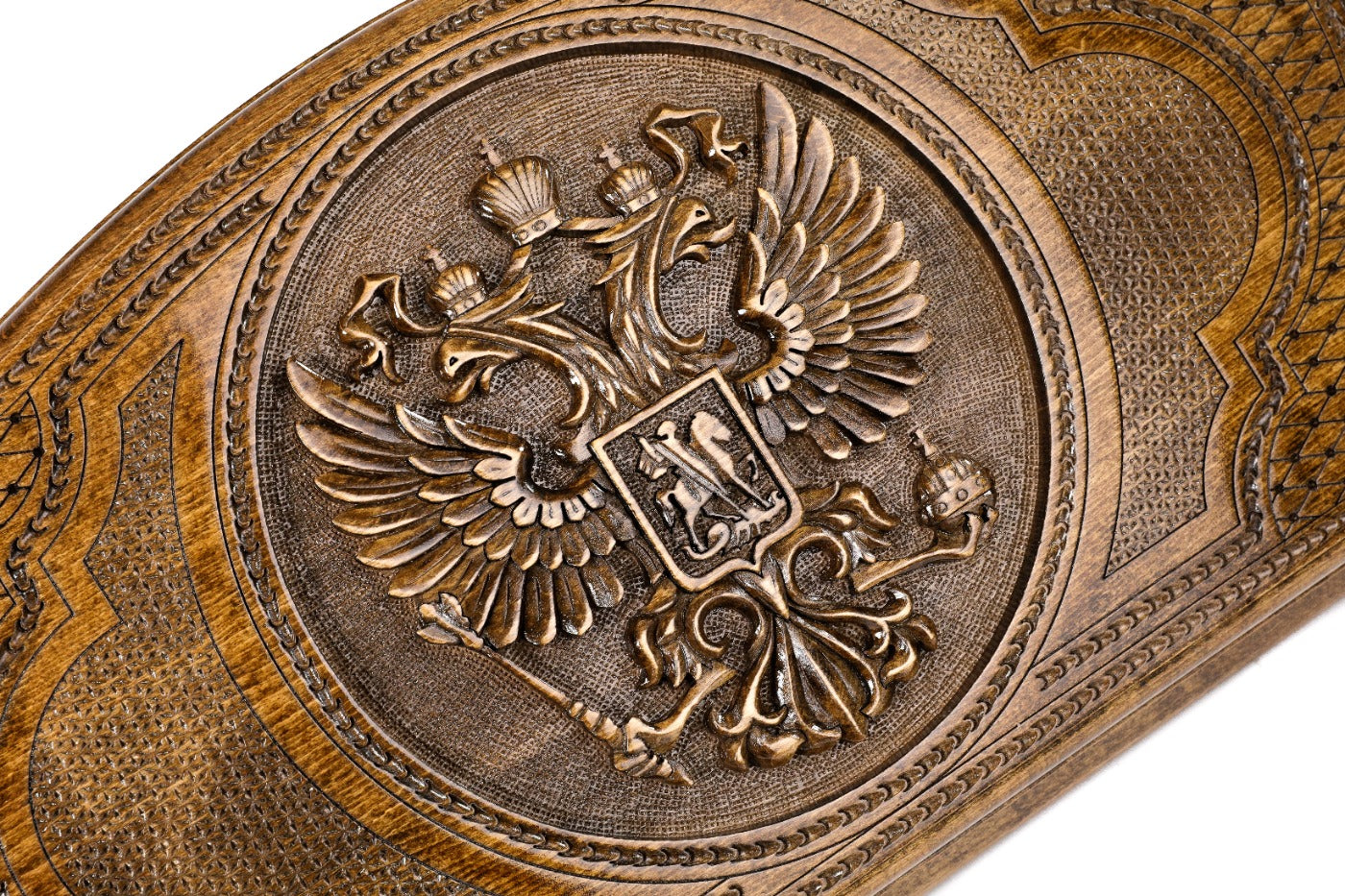 The interior of the open Hrachya Ohanyan Russian heraldry set highlighting the smooth wood grain and professional playing surface.