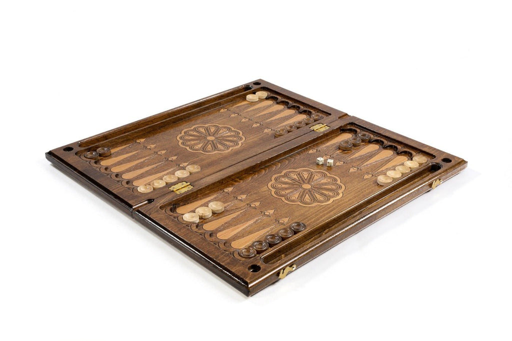 Wooden backgammon board with classic ornamental handcrafted design