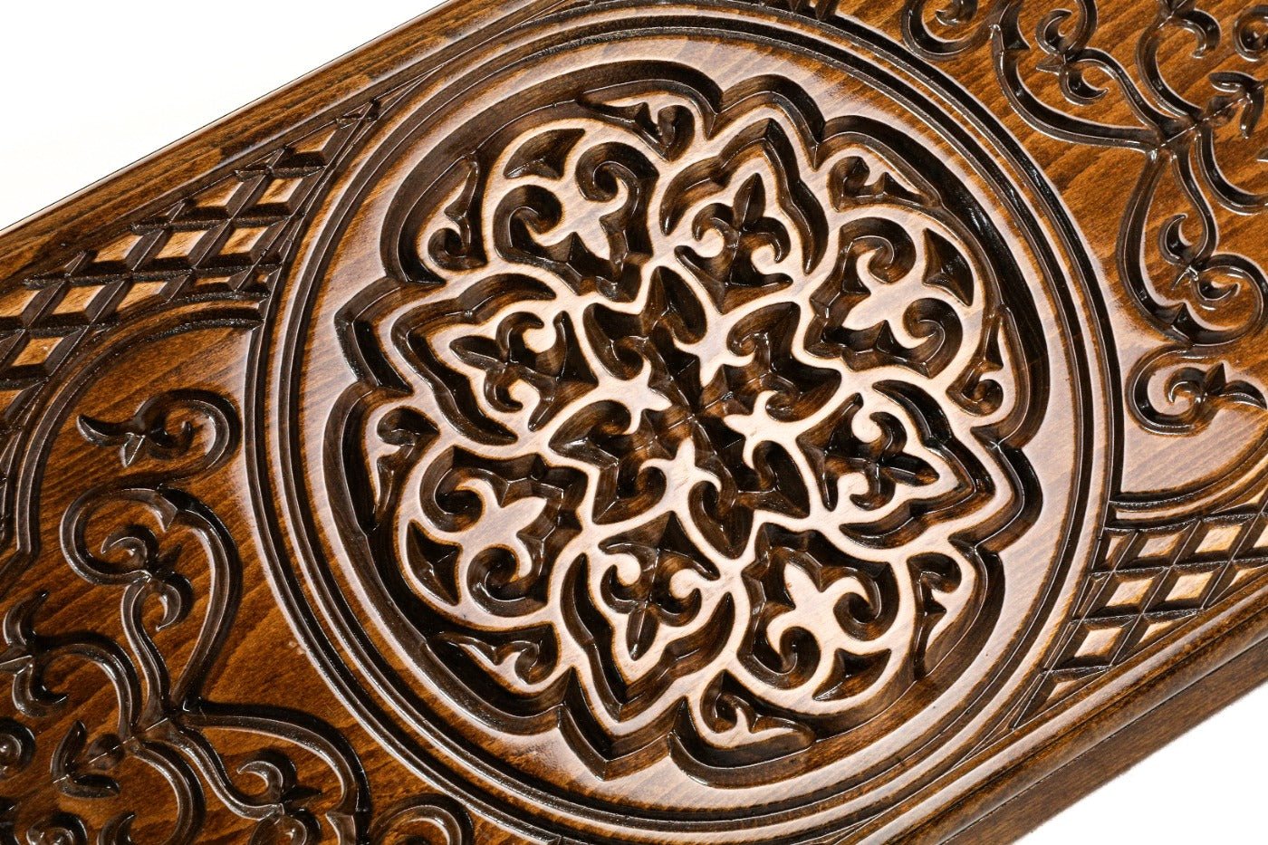 Large wooden backgammon set with decorative carved pattern detailing