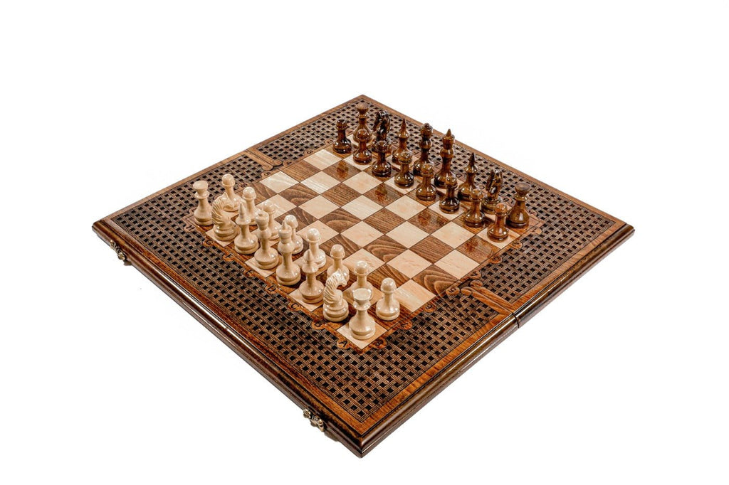 Large handmade chess and backgammon set with ornamental braid pattern 23.6 inch
