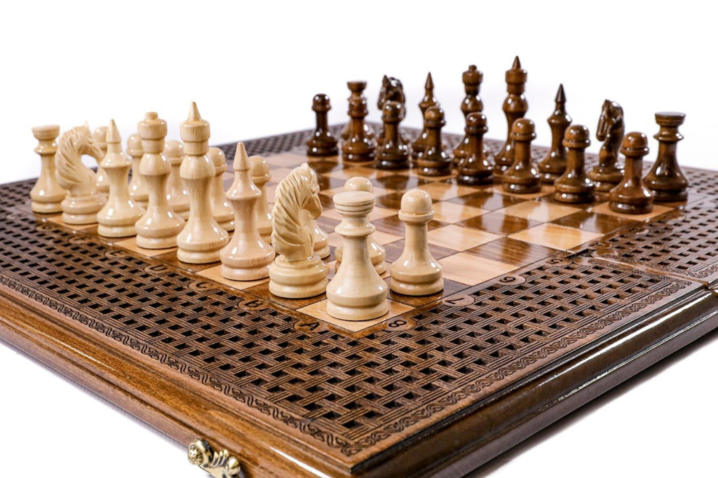 Wooden chess board featuring decorative braid carving and handcrafted details