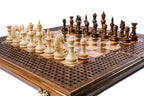 Wooden chess board featuring decorative braid carving and handcrafted details