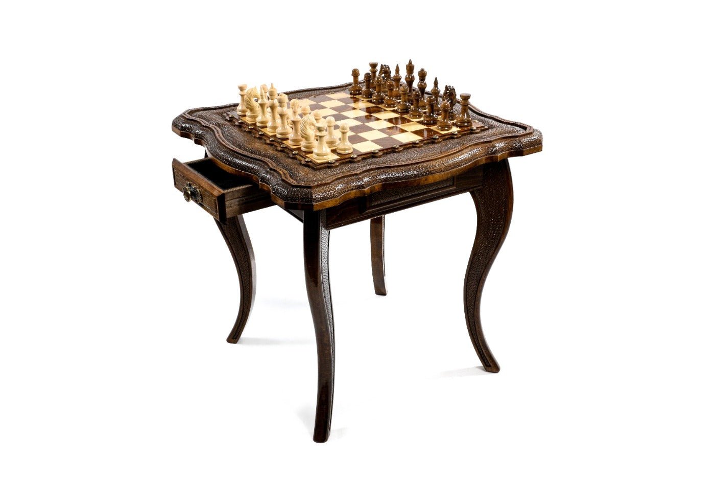 Handcrafted table chess set with spacious playing surface and classic styling
