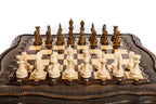 Wooden chess table set up with hand-carved chess pieces