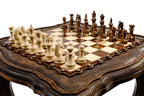 Wooden chess table 60 cm with carved edge and glossy walnut finish