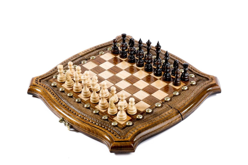 Compact wooden chess set and backgammon board with contour outline beech wood