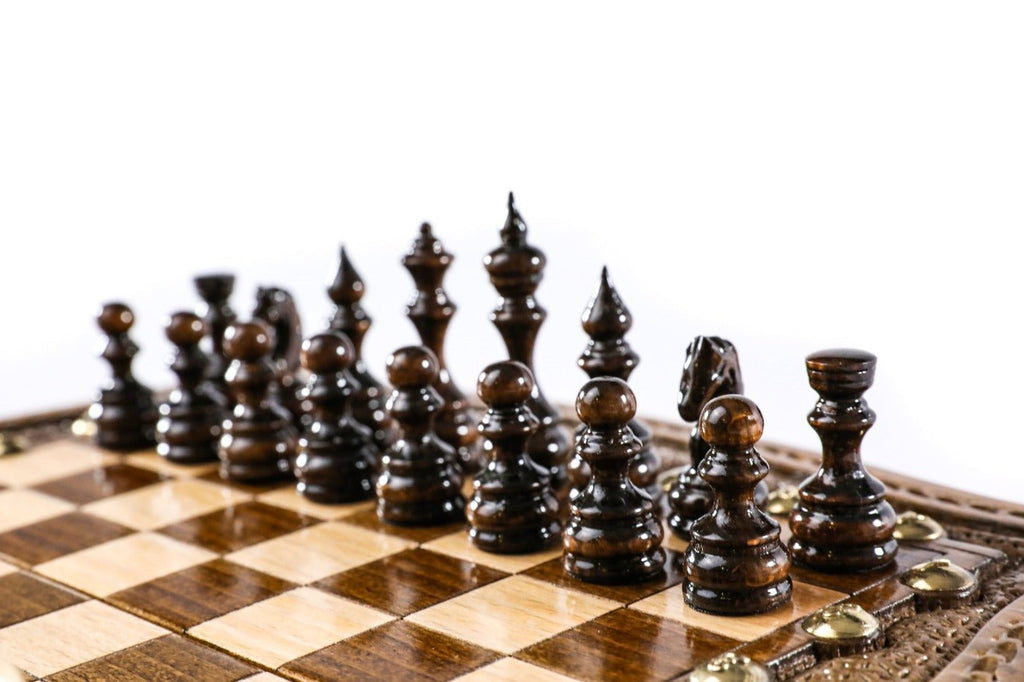 Wooden Carved Chess Set & Backgammon Board 30 cm | 11.8" - Unumperfectus