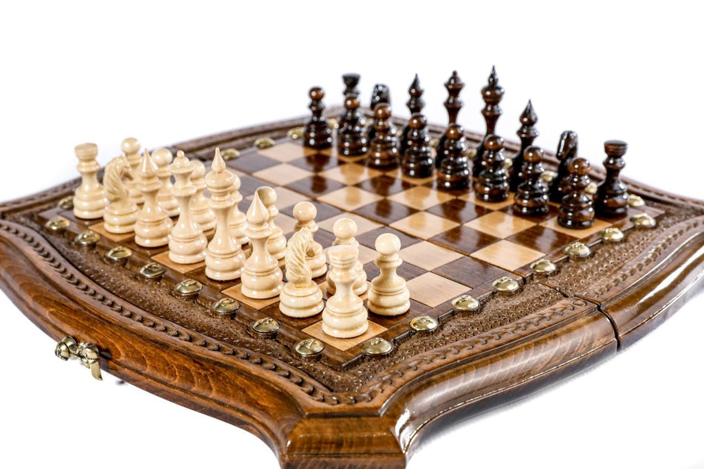Handcrafted 11.8 inch chess board sculpted border 2-in-1 set