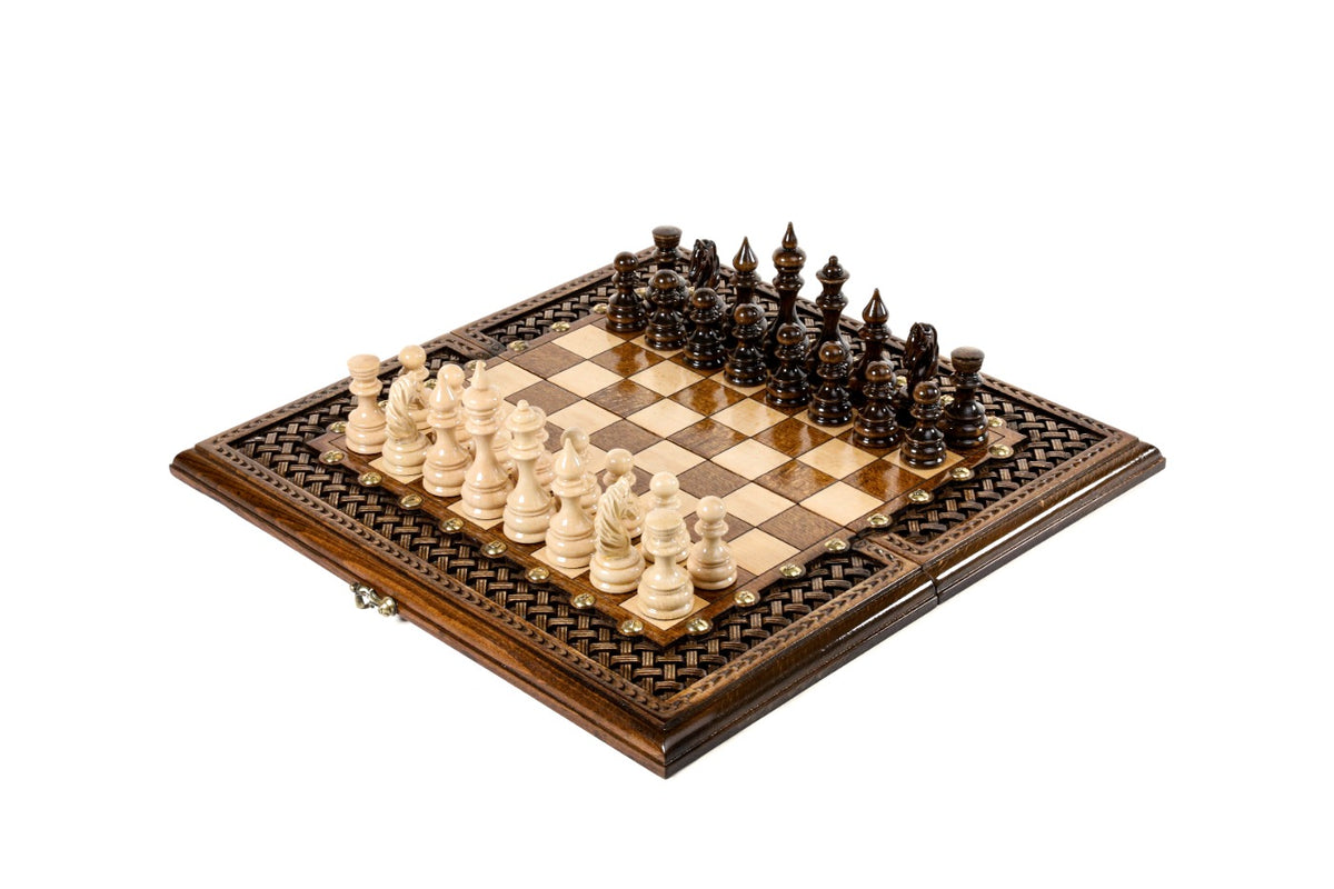 Luxury wooden chess and backgammon set with hand-carved braid frame, 40 cm, pieces set for play