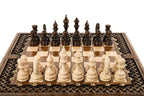 Front view of the luxury travel chess set with hand-carved pieces and braid border