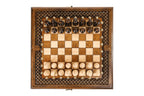Top-down view of the carved braid chess set with all 32 pieces in starting position