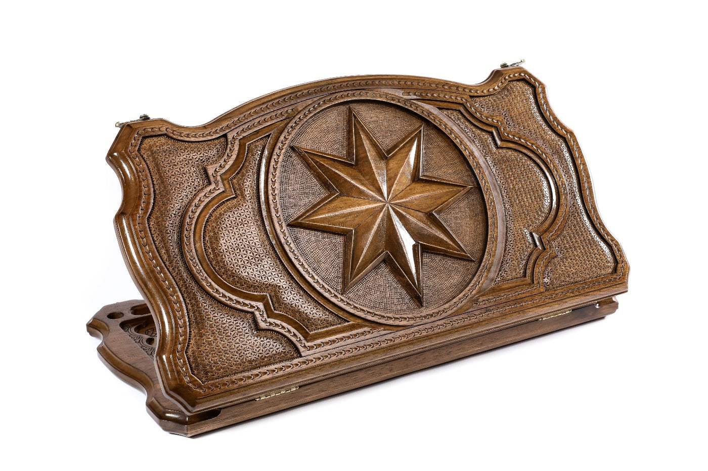 Closed Octagram backgammon board with hand-carved star motif and contour outline.